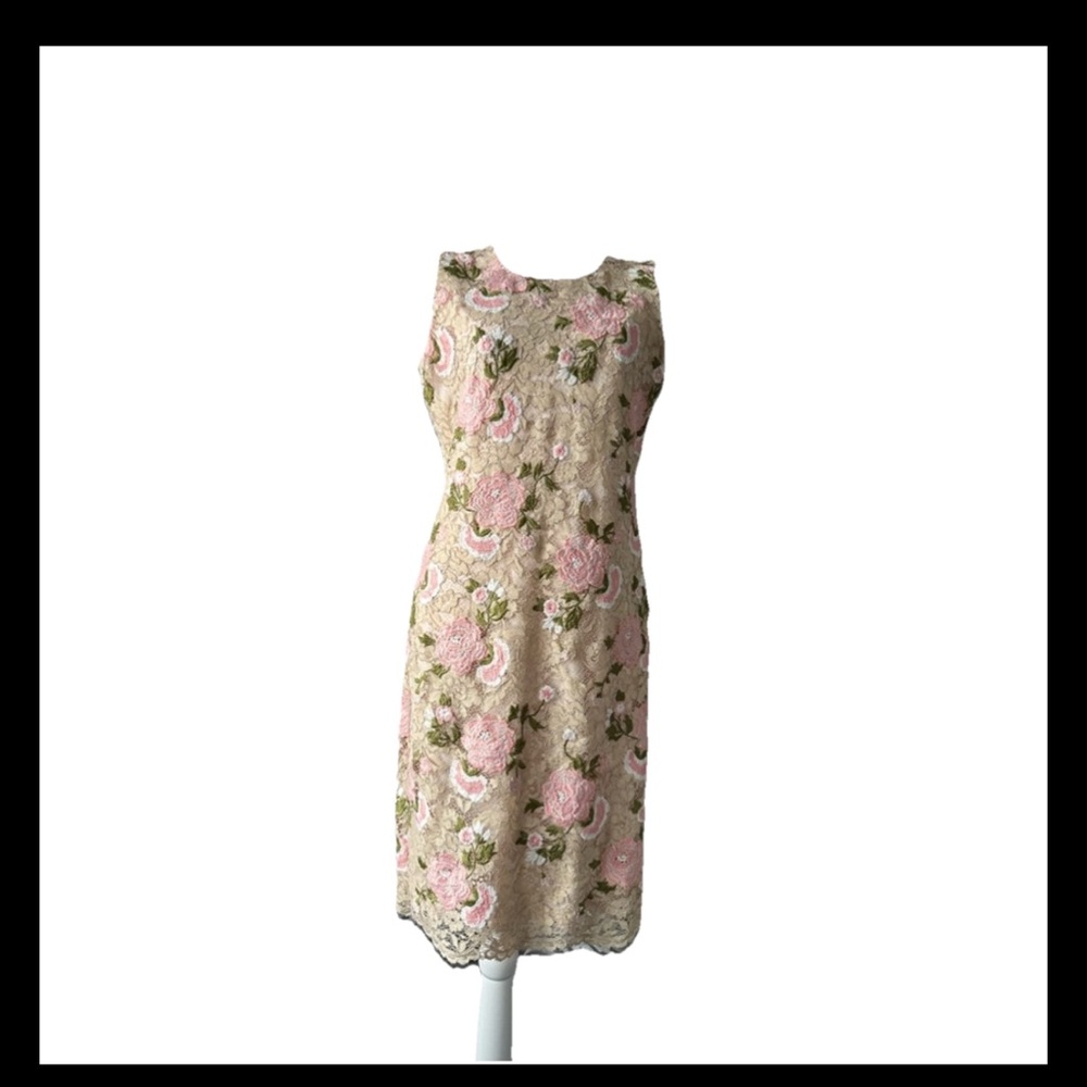 Calvin Klein Beige Pink Floral Lace Sheath Pencil Midi Dress Size 8